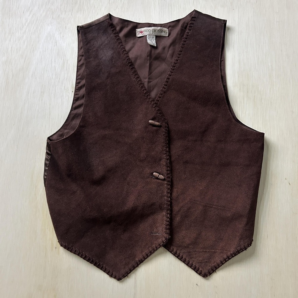 Vintage Roo Crossing Vest Mens Medium Brown Leather Button Biker Western Lined